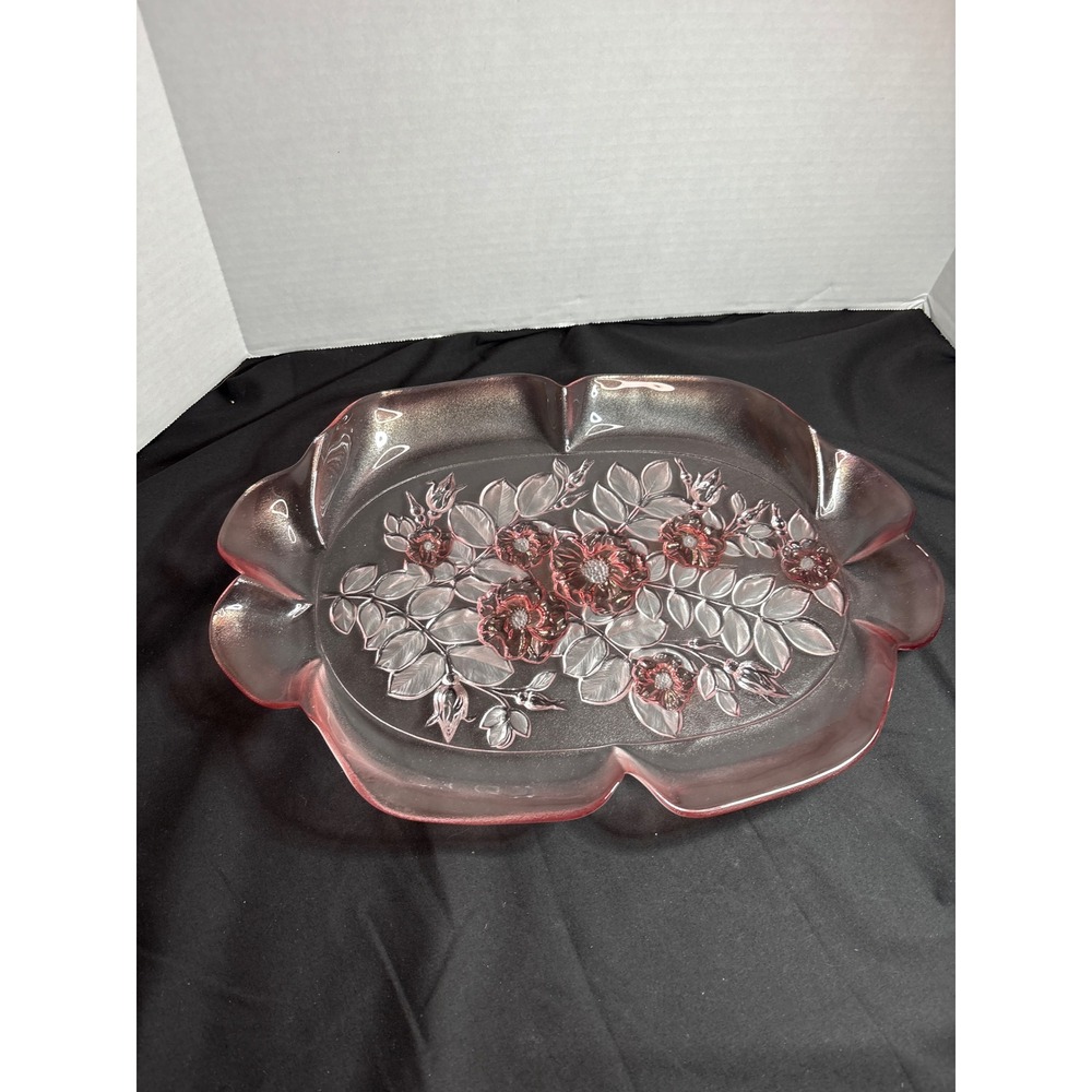 Vintage Pink Glass Floral Plate Serving Tray‎ Platter Embossed Flowers